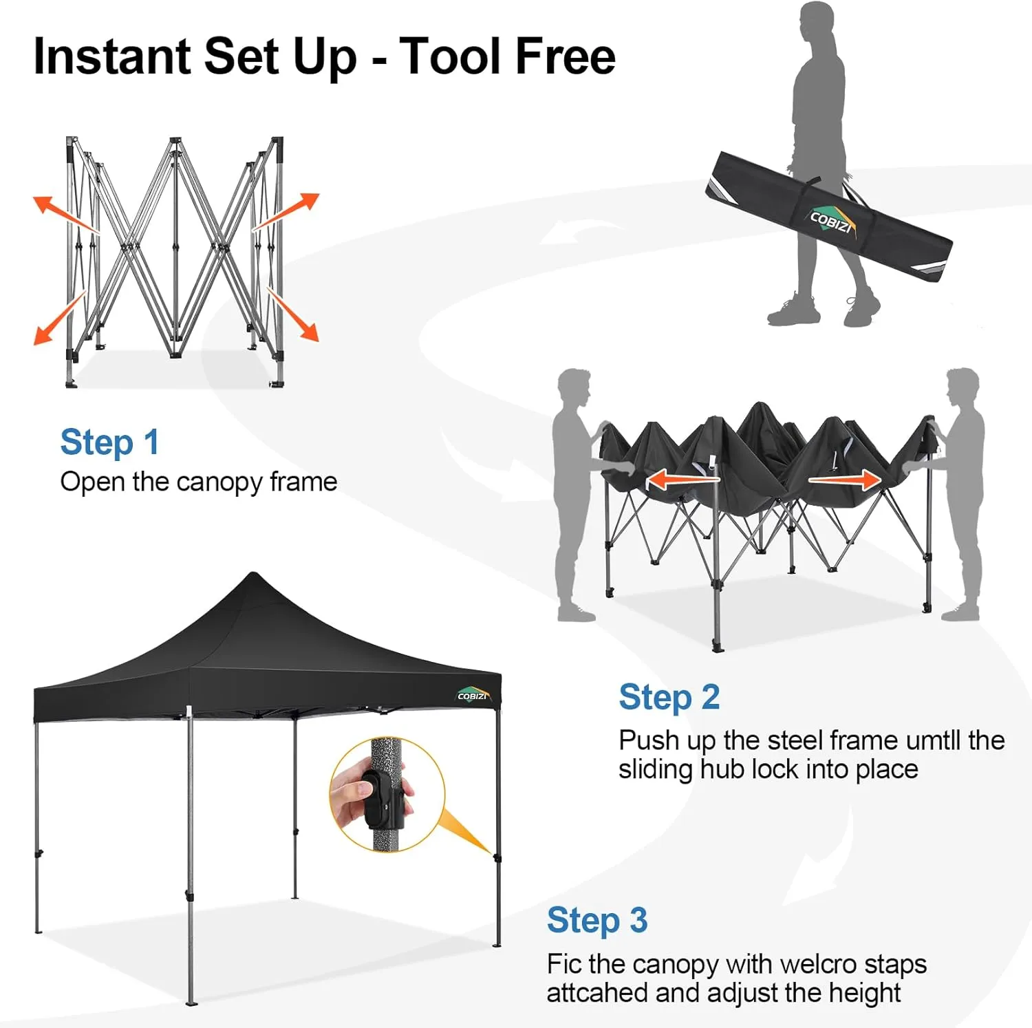 COBIZI 10x10 Pop Up Canopy Tent 10x10 Easy up Canopy, Heavy Duty Outdoor Canopy UPF 50  All Weather Waterproof Instant Party Tents for Parties Gazebo with Handbag, Black(Windproof Upgraded)