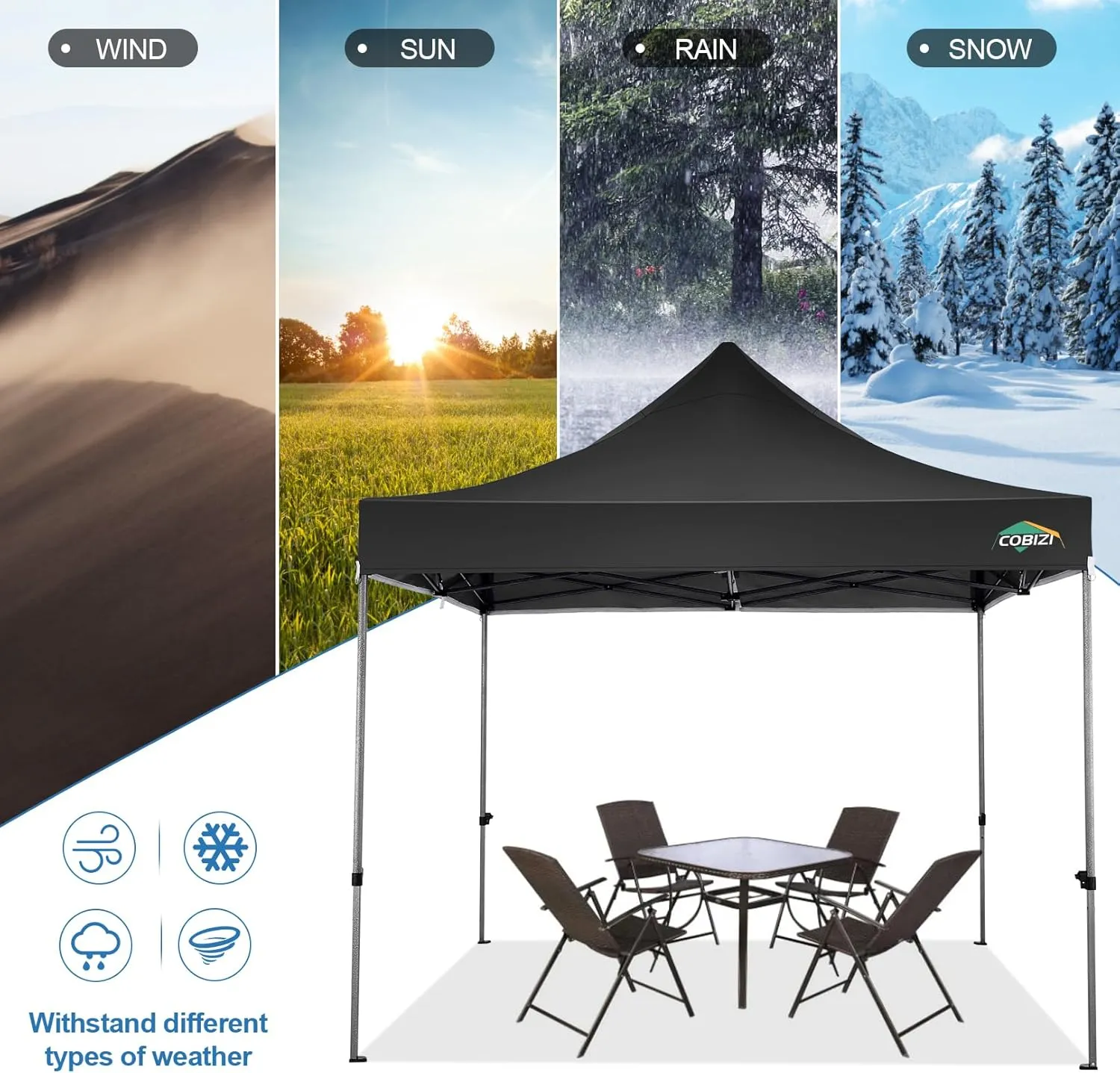 COBIZI 10x10 Pop Up Canopy Tent 10x10 Easy up Canopy, Heavy Duty Outdoor Canopy UPF 50  All Weather Waterproof Instant Party Tents for Parties Gazebo with Handbag, Black(Windproof Upgraded)