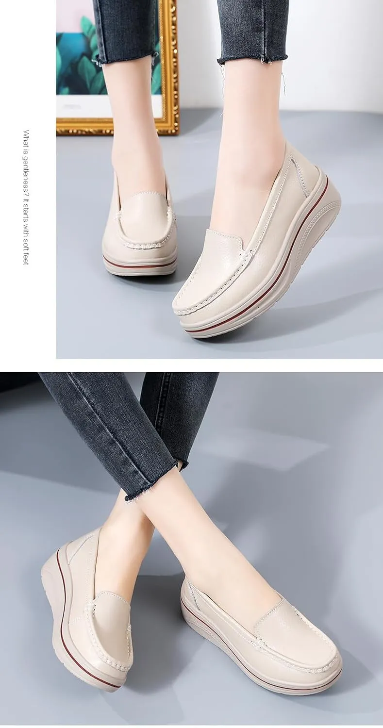Comfortable Women's Platform Loafers - Closed Toe Slip On Shoes for Casual Style
