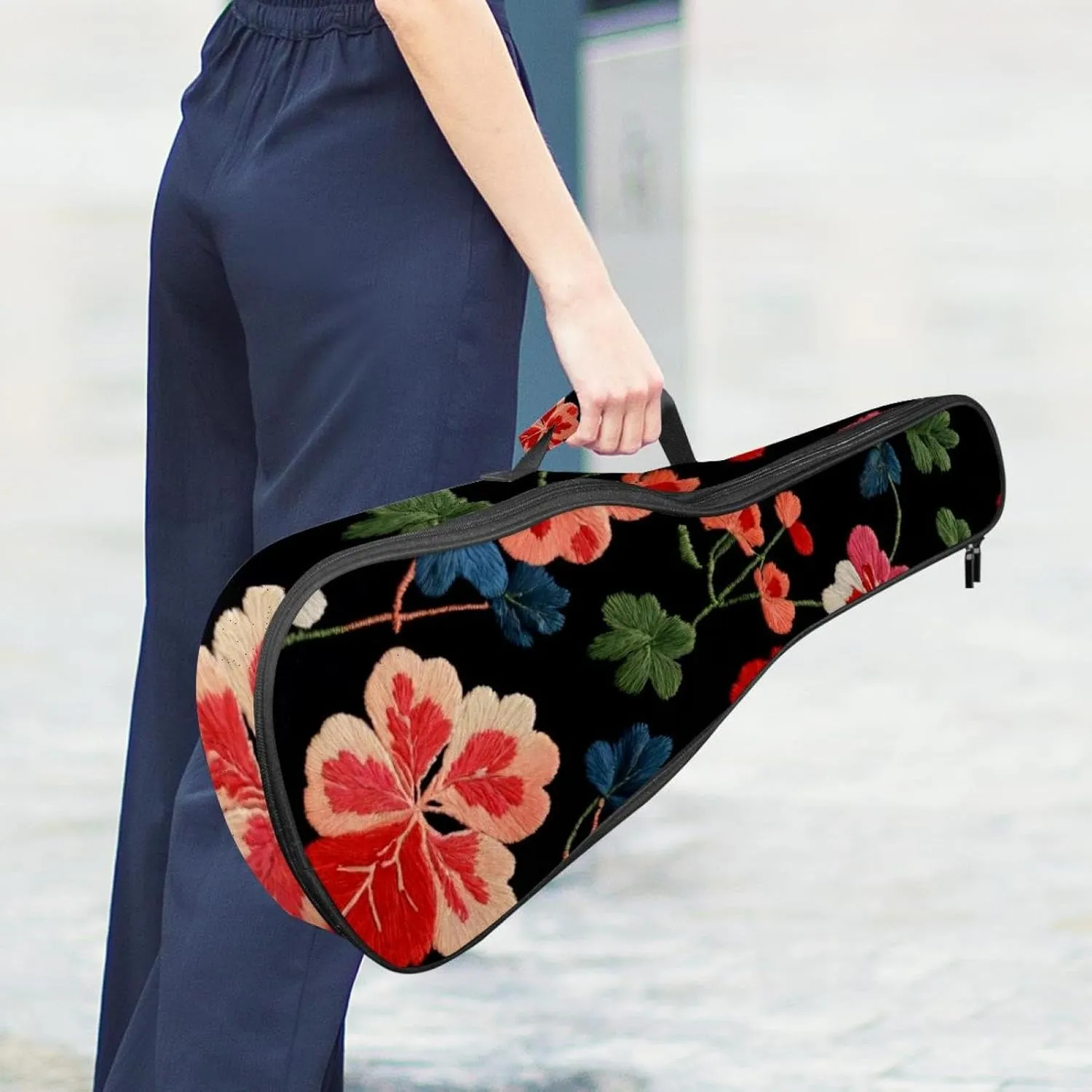 Concert Ukulele Case Small Embroidery Flowers Seamless Pattern Soft Thick Padded Ukulele Backpack 10MM thick Sponge Padding