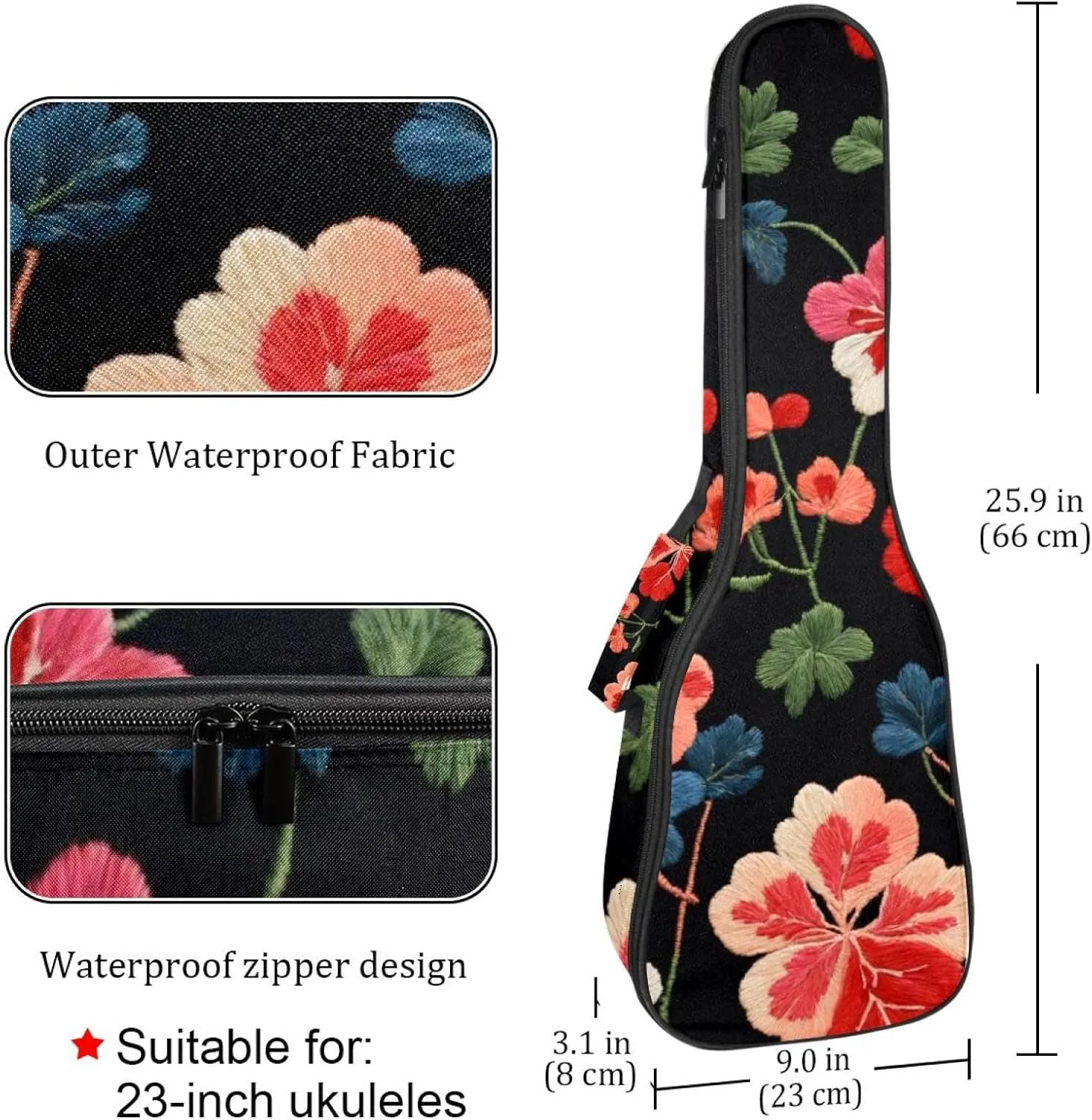 Concert Ukulele Case Small Embroidery Flowers Seamless Pattern Soft Thick Padded Ukulele Backpack 10MM thick Sponge Padding