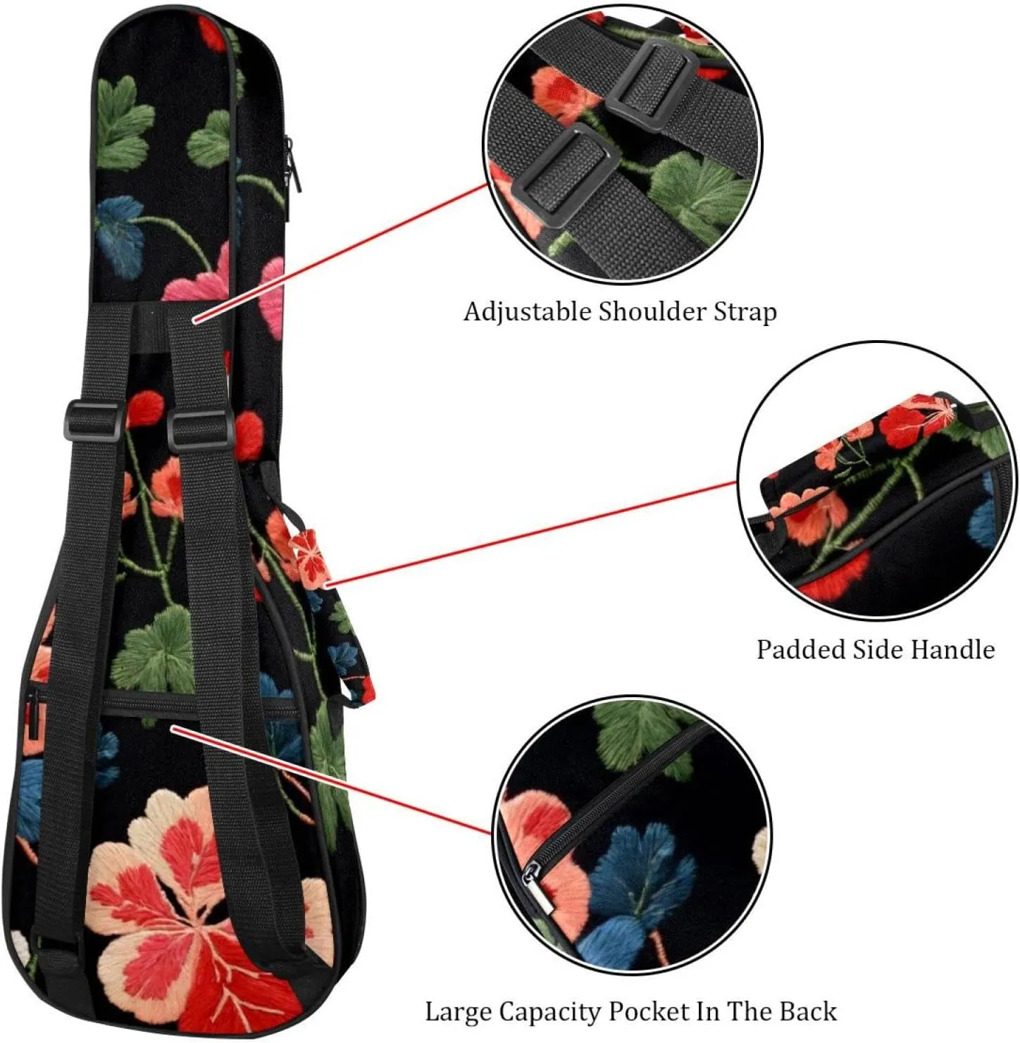 Concert Ukulele Case Small Embroidery Flowers Seamless Pattern Soft Thick Padded Ukulele Backpack 10MM thick Sponge Padding