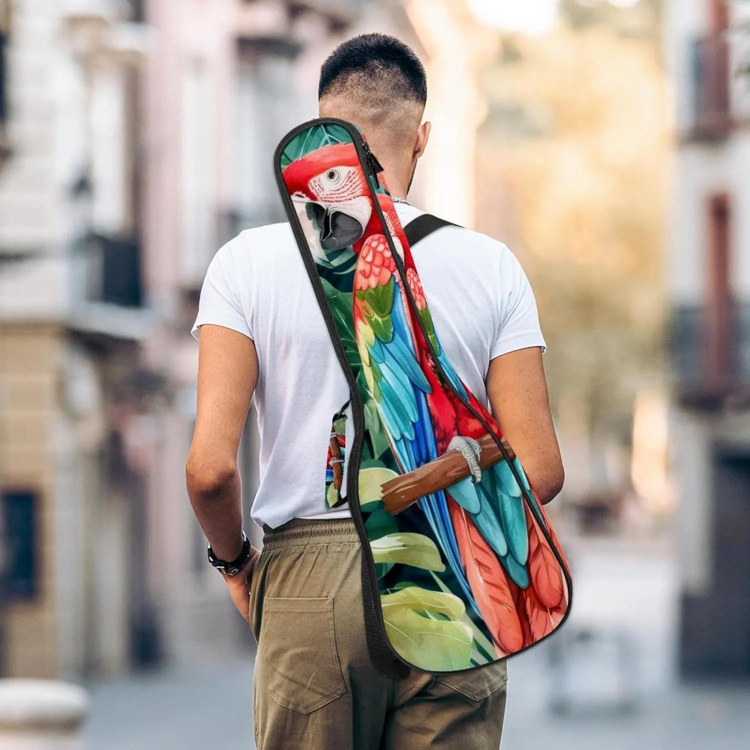 Concert Ukulele Case Watercolor Parrot Tropical Plant Green Leaf Soft Thick Padded Ukulele Backpack 10MM thick Sponge Padding