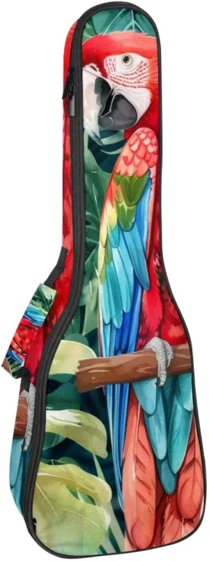 Concert Ukulele Case Watercolor Parrot Tropical Plant Green Leaf Soft Thick Padded Ukulele Backpack 10MM thick Sponge Padding