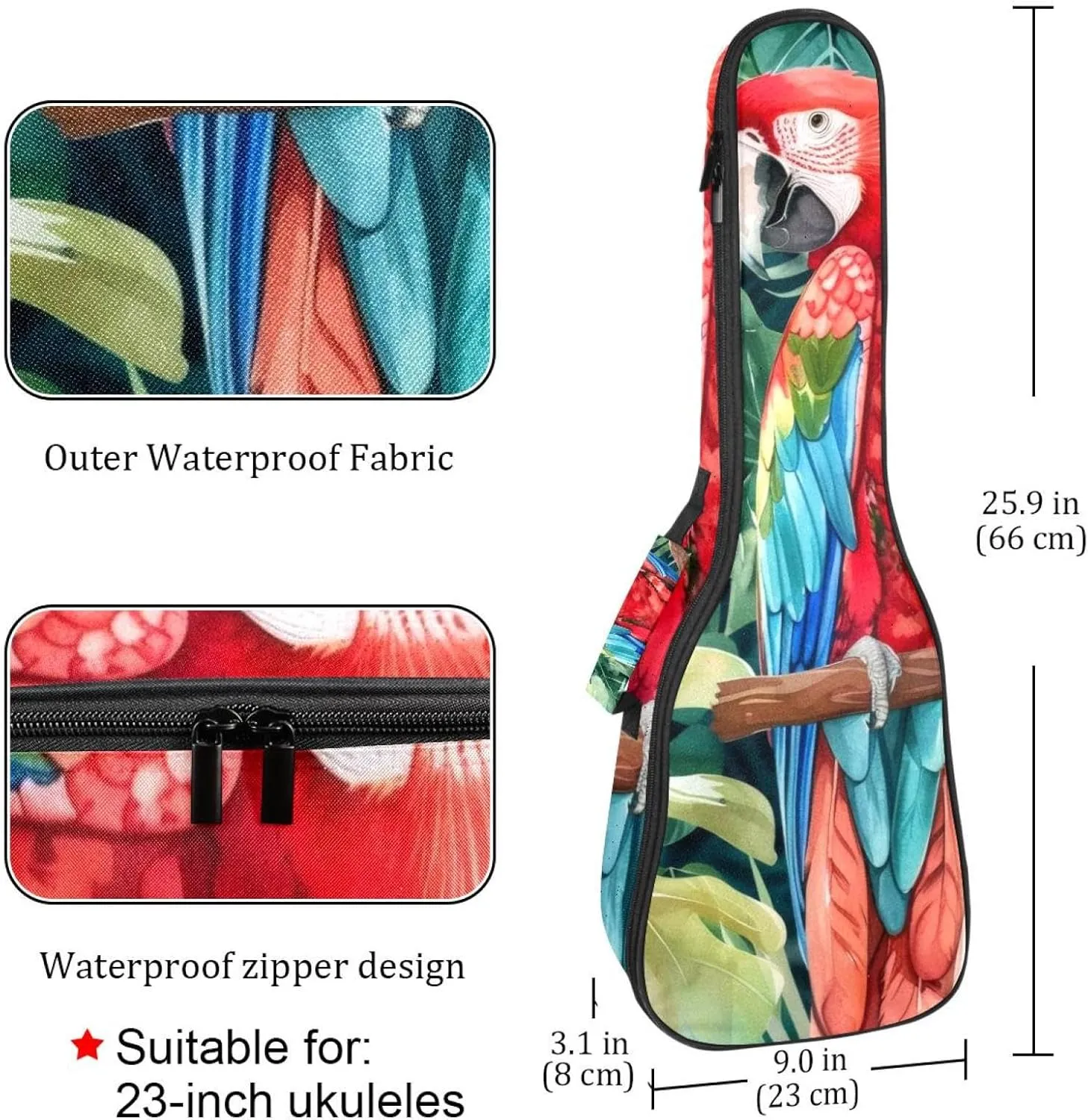 Concert Ukulele Case Watercolor Parrot Tropical Plant Green Leaf Soft Thick Padded Ukulele Backpack 10MM thick Sponge Padding