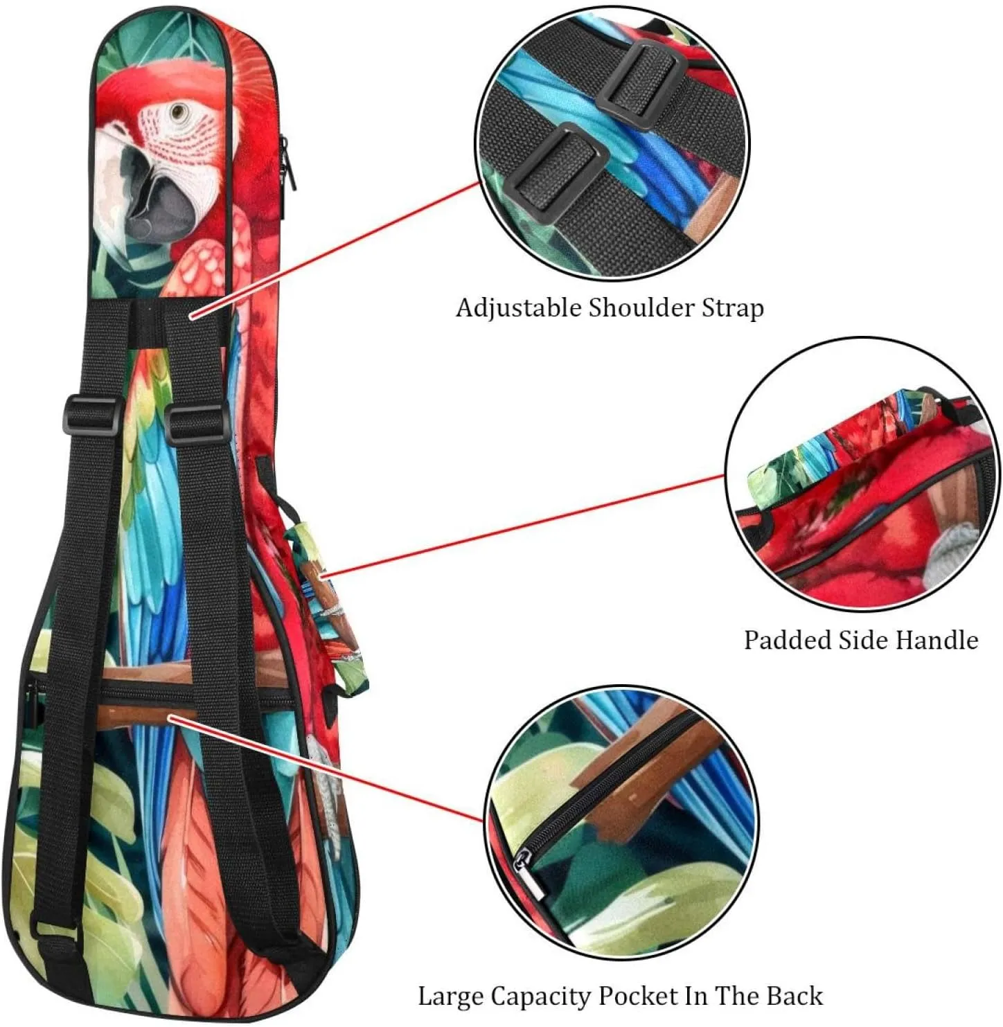 Concert Ukulele Case Watercolor Parrot Tropical Plant Green Leaf Soft Thick Padded Ukulele Backpack 10MM thick Sponge Padding