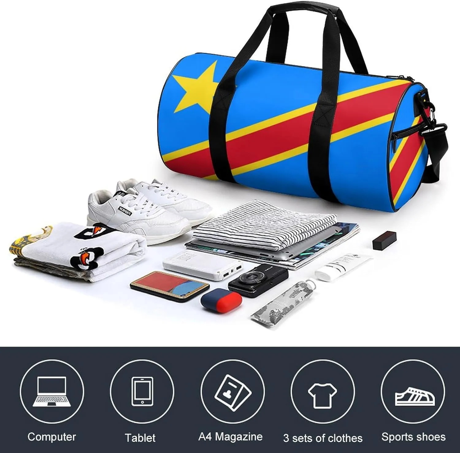 Congo Flag Waterproof Gym Duffel for Men Women Sports Travel Tote Bag