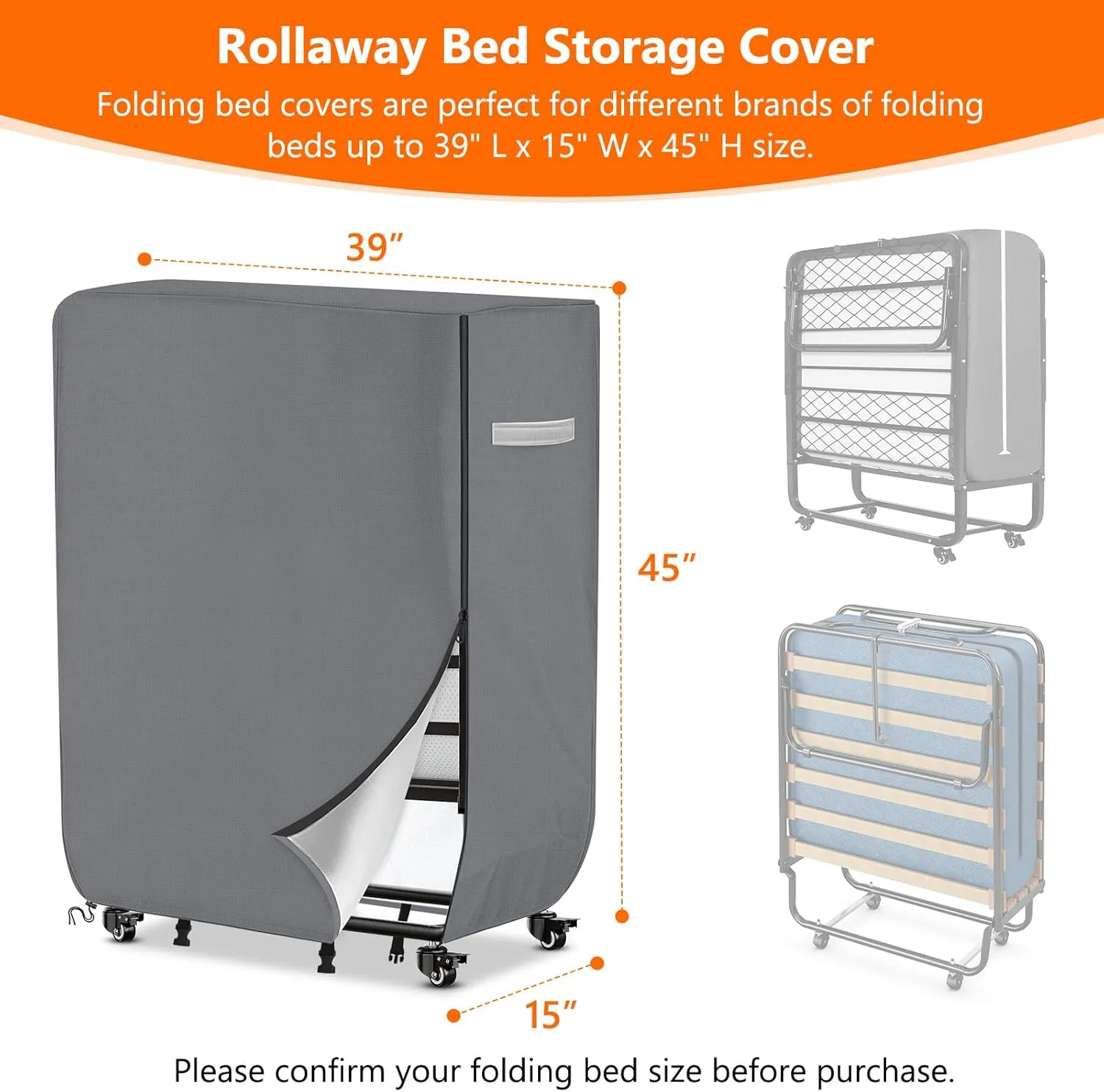 COSHNIBI Rllaway Bed Storage Cover,Heavy Duty Waterproof Storage Cover with Zipper for Twin Size 38-Inch Folding Bed,39" L x 15" W x 45" H,Grey
