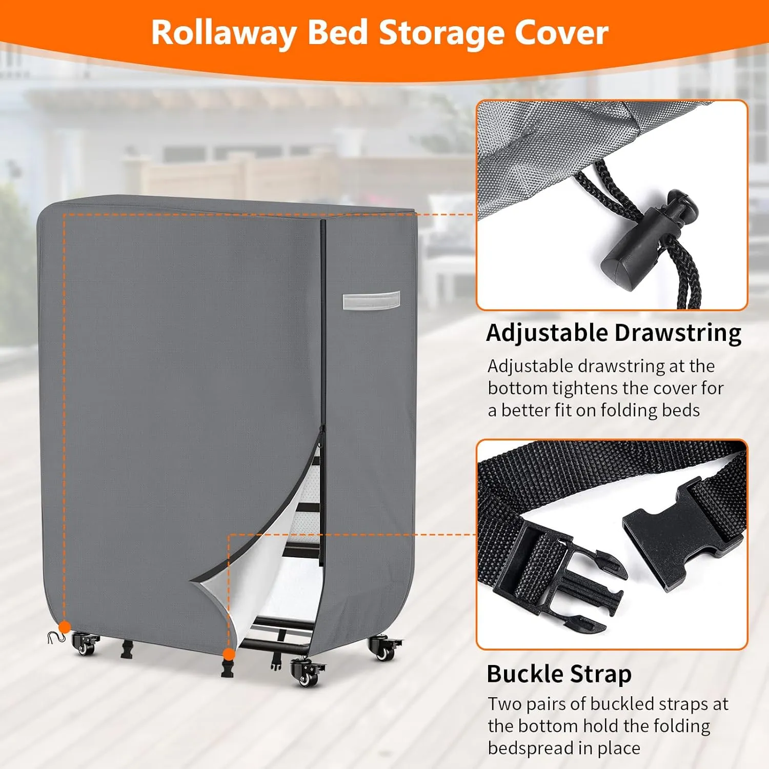 COSHNIBI Rllaway Bed Storage Cover,Heavy Duty Waterproof Storage Cover with Zipper for Twin Size 38-Inch Folding Bed,39" L x 15" W x 45" H,Grey