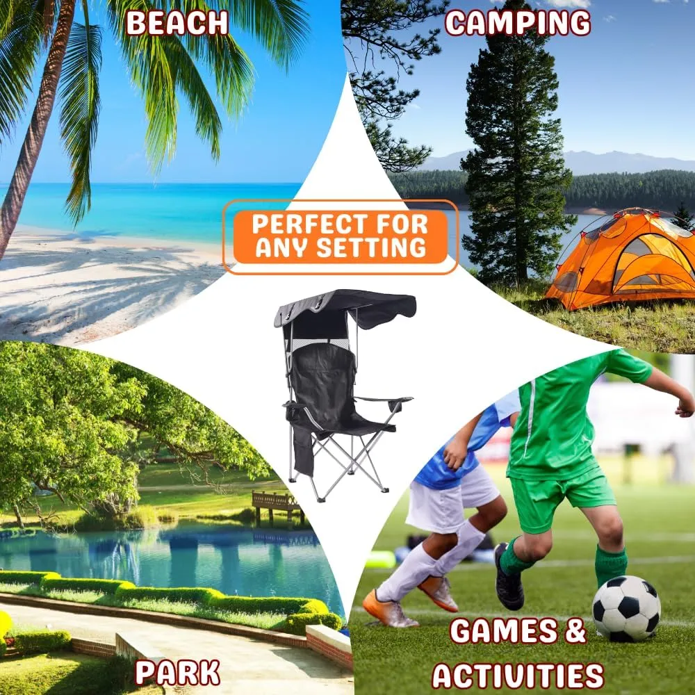 CozyBox Portable Folding Camping Chairs with Canopy Shade, Beach Chair for Adults, Durable Weather Resistant 600D Oxford Cloth, Camping Chair with Canopy for Outdoors [Black]