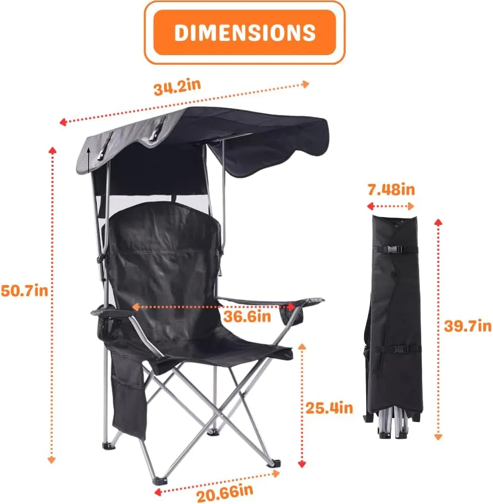 CozyBox Portable Folding Camping Chairs with Canopy Shade, Beach Chair for Adults, Durable Weather Resistant 600D Oxford Cloth, Camping Chair with Canopy for Outdoors [Black]