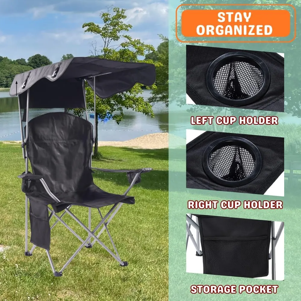 CozyBox Portable Folding Camping Chairs with Canopy Shade, Beach Chair for Adults, Durable Weather Resistant 600D Oxford Cloth, Camping Chair with Canopy for Outdoors [Black]