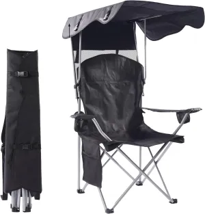 CozyBox Portable Folding Camping Chairs with Canopy Shade, Beach Chair for Adults, Durable Weather Resistant 600D Oxford Cloth, Camping Chair with Canopy for Outdoors [Black]