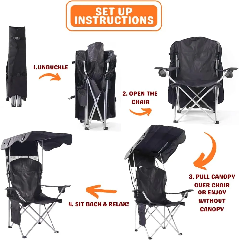 CozyBox Portable Folding Camping Chairs with Canopy Shade, Beach Chair for Adults, Durable Weather Resistant 600D Oxford Cloth, Camping Chair with Canopy for Outdoors [Black]