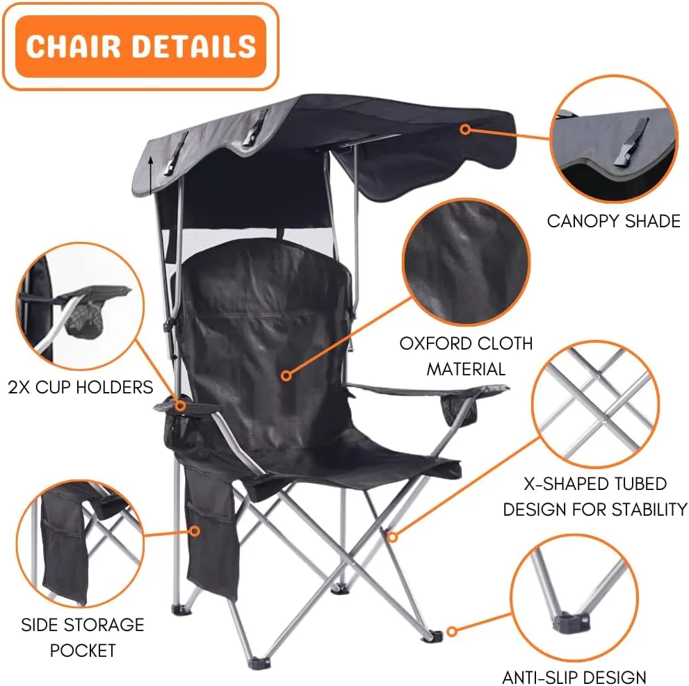 CozyBox Portable Folding Camping Chairs with Canopy Shade, Beach Chair for Adults, Durable Weather Resistant 600D Oxford Cloth, Camping Chair with Canopy for Outdoors [Black]