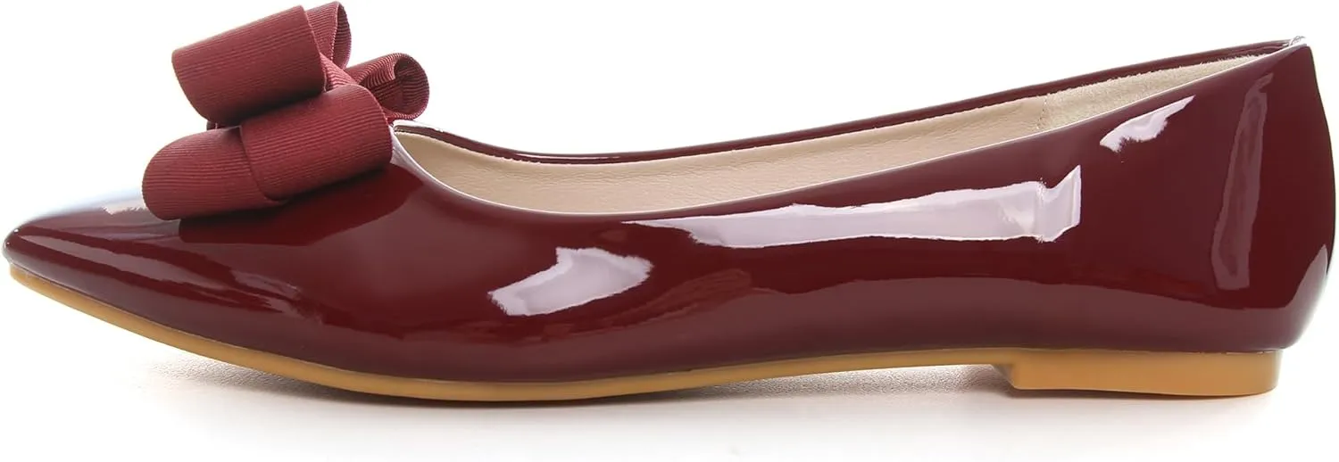 Dear Time Women's Patent Leather Ballet Flat with Bow Comfortable Pointy Slip-on Loafers
