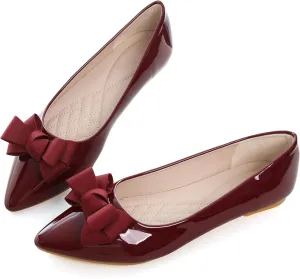Dear Time Women's Patent Leather Ballet Flat with Bow Comfortable Pointy Slip-on Loafers