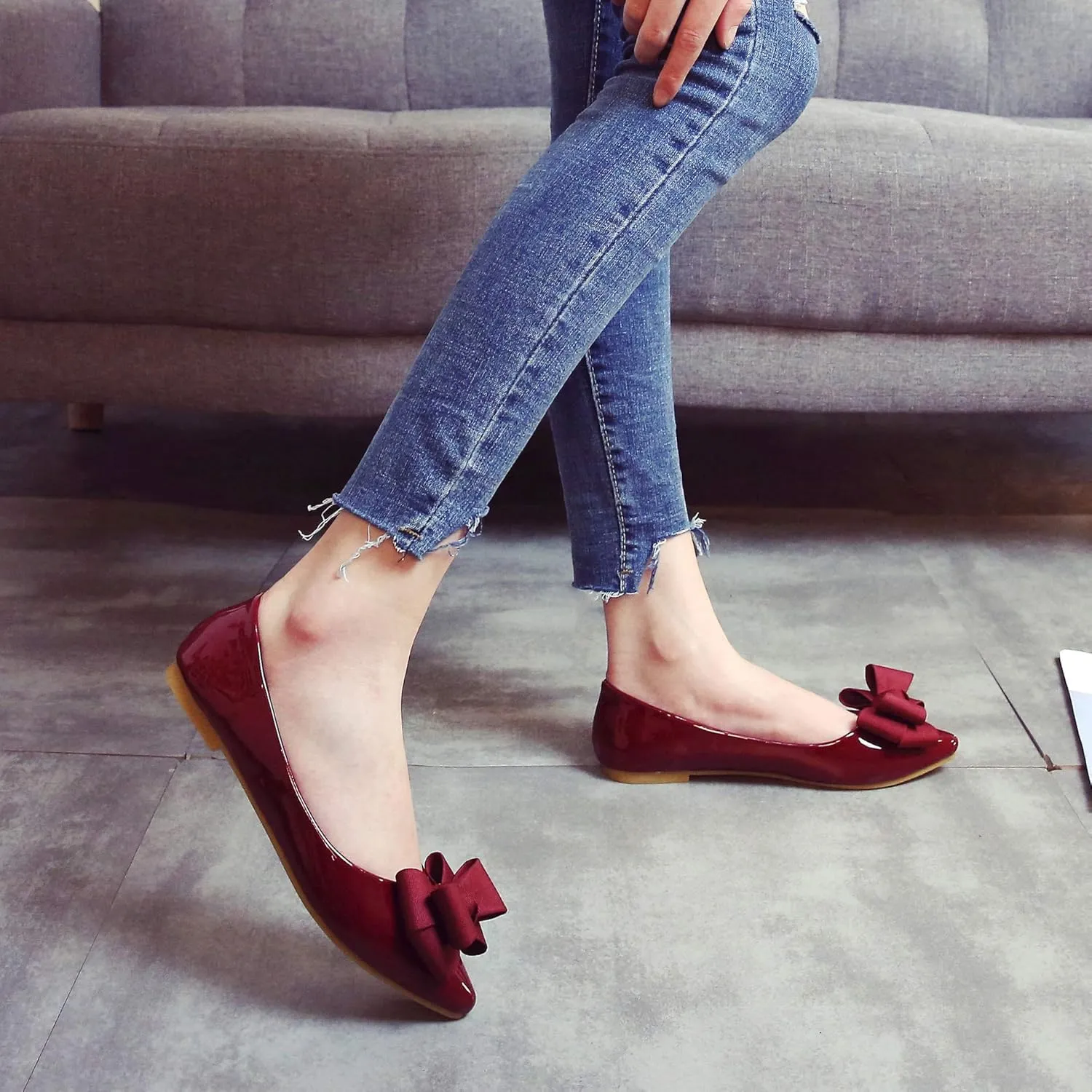 Dear Time Women's Patent Leather Ballet Flat with Bow Comfortable Pointy Slip-on Loafers