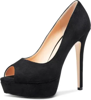 DearOnly Women's Sky High Heels Platform Pumps Slip On Sexy Peep Toe Stilettos 5" Heel Classic Dress Party Footwear Shoes