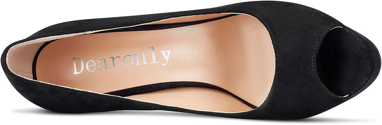 DearOnly Women's Sky High Heels Platform Pumps Slip On Sexy Peep Toe Stilettos 5" Heel Classic Dress Party Footwear Shoes