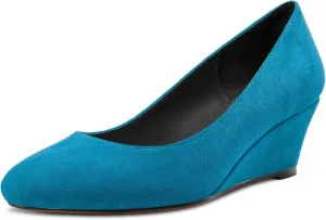 DearOnly Womens Wedge Pumps Round Closed Toe Slip On Low Block Chunky Heel Suede Dress Shoes Cute 2 Inch