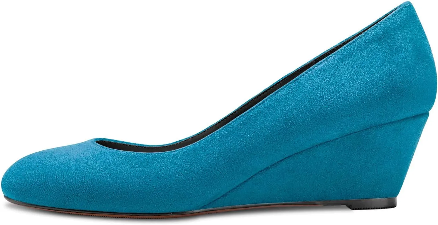 DearOnly Womens Wedge Pumps Round Closed Toe Slip On Low Block Chunky Heel Suede Dress Shoes Cute 2 Inch