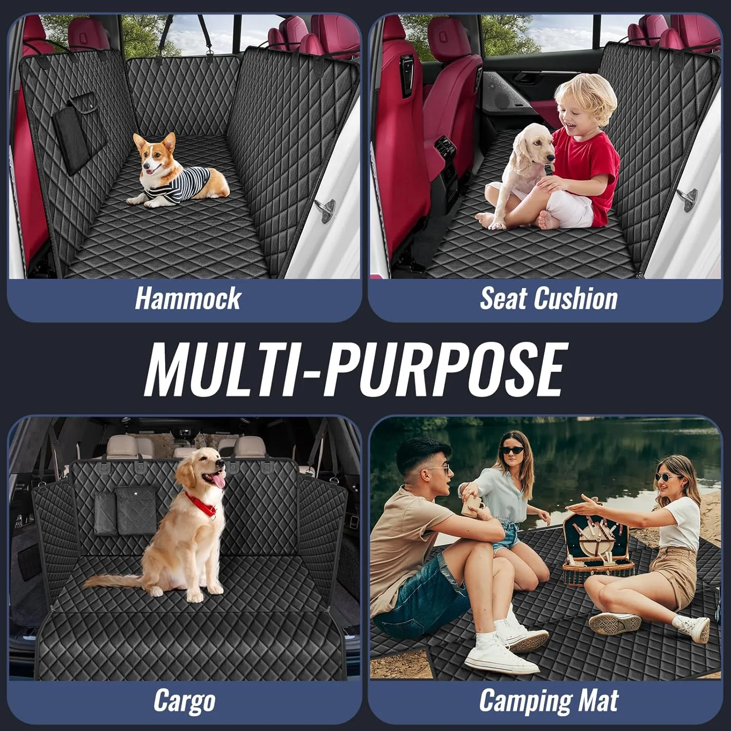 Dog Car Seat Cover for Back Seat – Waterproof Nonslip Hammock with Dog Seat Belt, Universal Fit Pet Seat Protector for Cars, SUVs, Trucks, Durable, Easy Install, Machine Washable