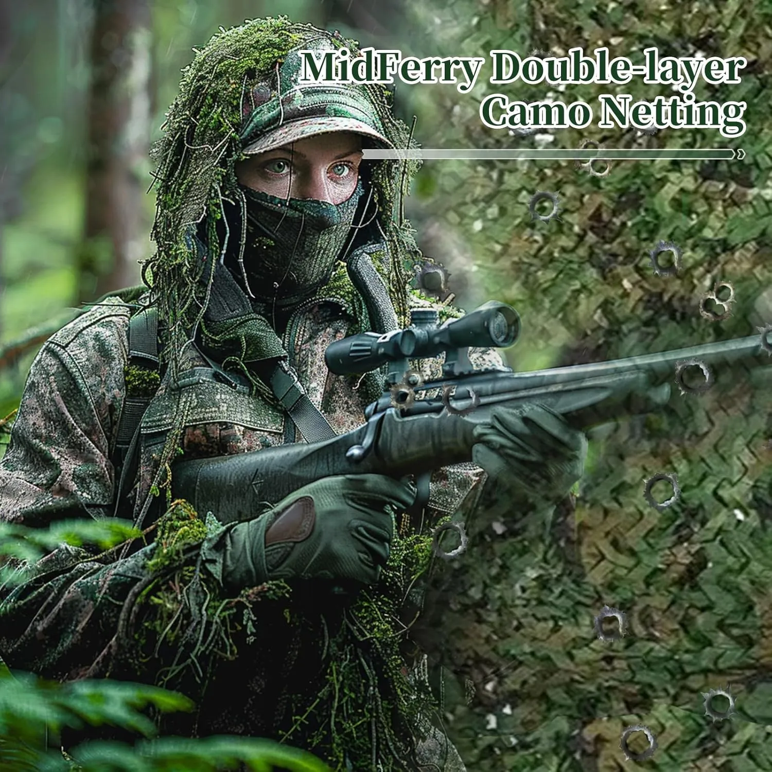 Double Layer Camo Netting Camouflage Netting - Bulk Roll Camouflage Net with Nylon Ropes, Military Netting Party Decorations Sunshade Camo Mesh for Hunting Blind