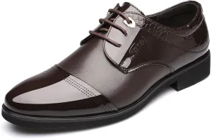 Dress Oxford for Men Lace Up Cap Toe Patchwork Patent Derby Shoes Vegan Leather Block Heel Low Top Slip Resistant Prom (Color : Brown, Size : 8)