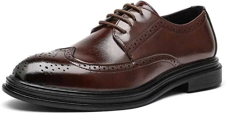 Dress Oxford for Men Lace Up Pointed Burnished Toe Brogue Wing tip Derby Shoes Non Slip Low Top Anti-Slip Wedding