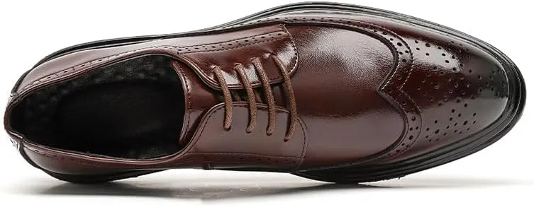 Dress Oxford for Men Lace Up Pointed Burnished Toe Brogue Wing tip Derby Shoes Non Slip Low Top Anti-Slip Wedding