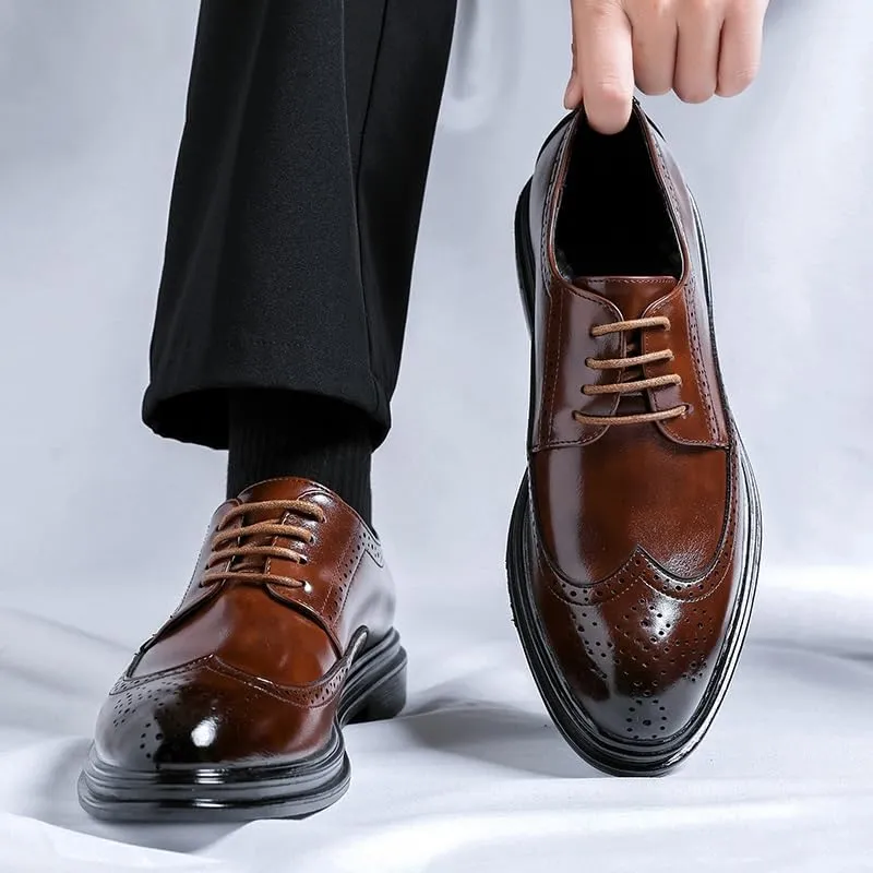 Dress Oxford for Men Lace Up Pointed Burnished Toe Brogue Wing tip Derby Shoes Non Slip Low Top Anti-Slip Wedding