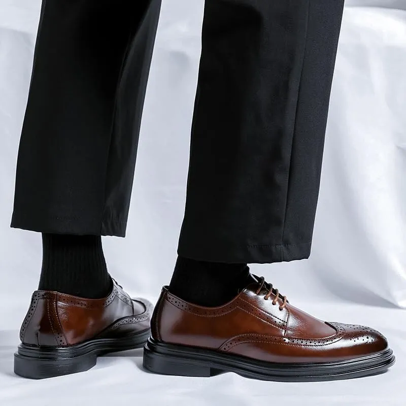 Dress Oxford for Men Lace Up Pointed Burnished Toe Brogue Wing tip Derby Shoes Non Slip Low Top Anti-Slip Wedding