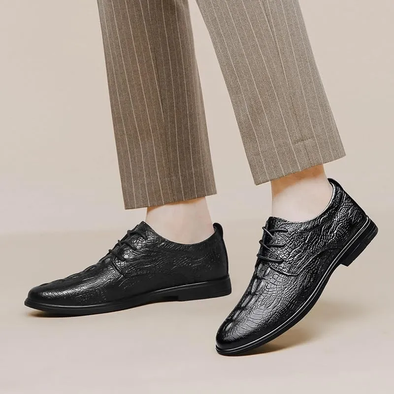 Dress Oxford for Men Lace Up Solid Color Crocodile Print Vegan Leather Derby Shoes Rubber Sole Anti-Slip Low Top Party