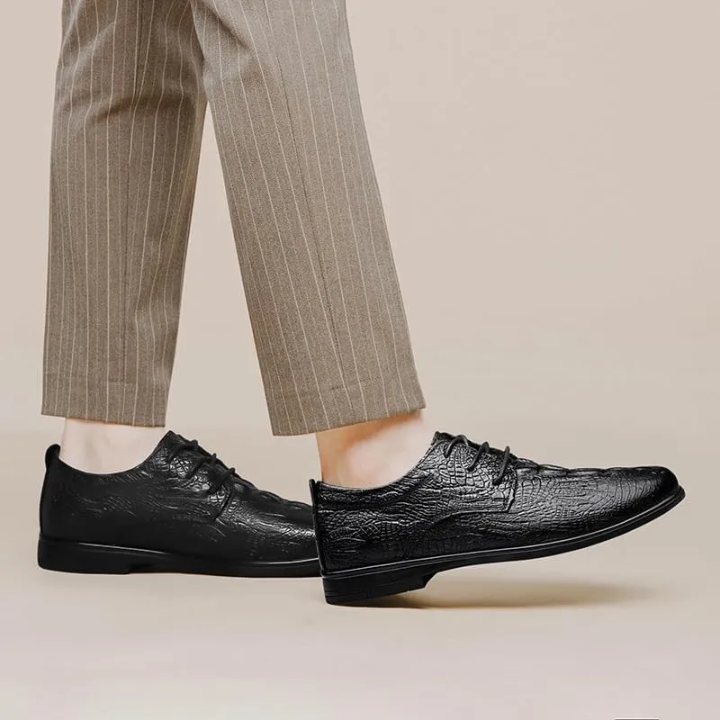 Dress Oxford for Men Lace Up Solid Color Crocodile Print Vegan Leather Derby Shoes Rubber Sole Anti-Slip Low Top Party