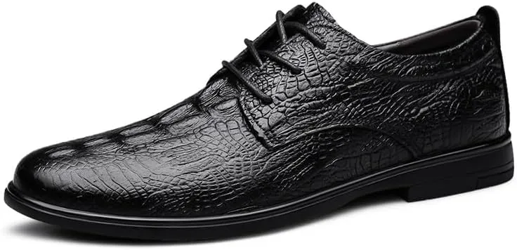 Dress Oxford for Men Lace Up Solid Color Crocodile Print Vegan Leather Derby Shoes Rubber Sole Anti-Slip Low Top Party