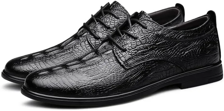 Dress Oxford for Men Lace Up Solid Color Crocodile Print Vegan Leather Derby Shoes Rubber Sole Anti-Slip Low Top Party