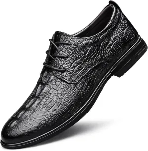 Dress Oxford for Men Lace Up Solid Color Crocodile Print Vegan Leather Derby Shoes Rubber Sole Anti-Slip Low Top Party