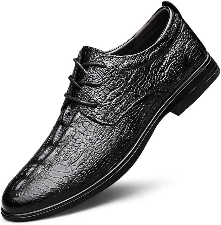 Dress Oxford for Men Lace Up Solid Color Crocodile Print Vegan Leather Derby Shoes Rubber Sole Anti-Slip Low Top Party