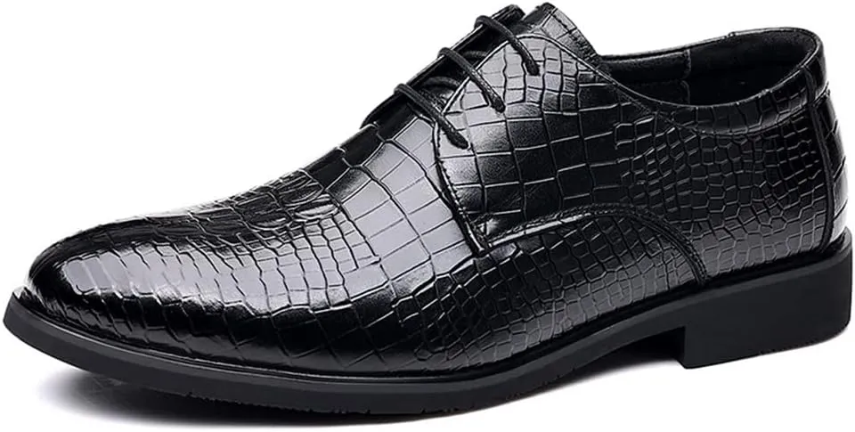 Dress Oxford Shoes for Men Lace Up Crocodile Print Faux Leather Derby Shoes Rubber Sole Non Slip Block Heel Low Top Prom