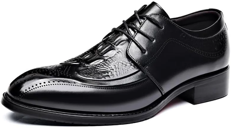Dress Shoes for Men Lace Up Bike Toe Crocodile Print Solid Color Derby Shoes Low Top Block Heel Slip Resistant Prom