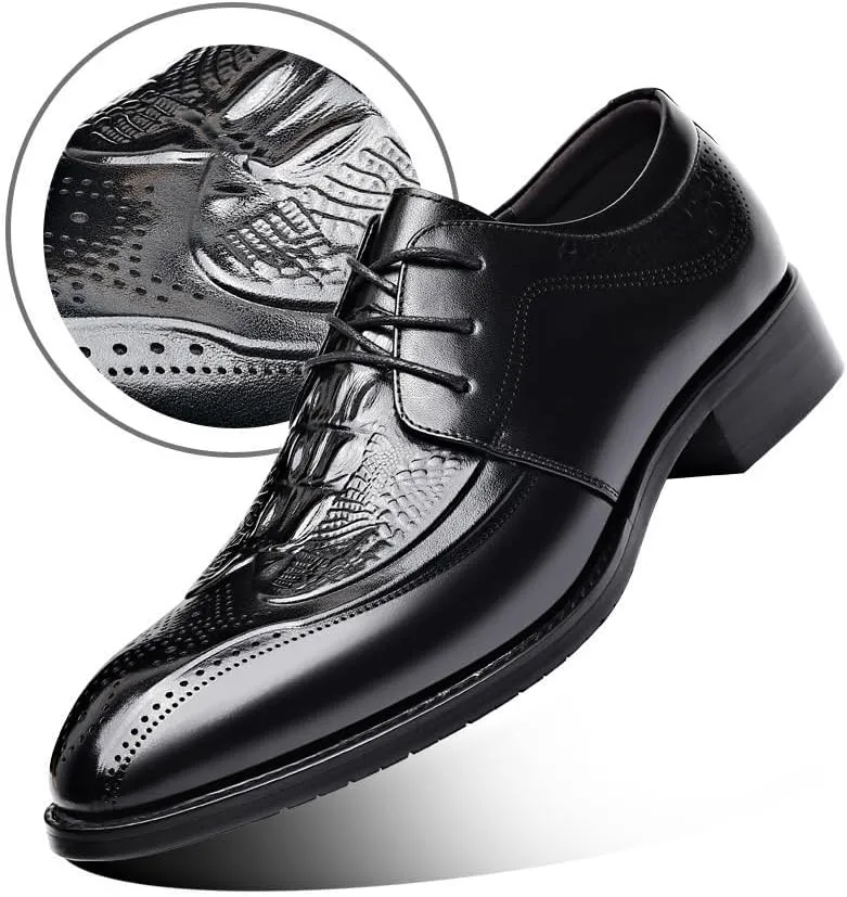 Dress Shoes for Men Lace Up Bike Toe Crocodile Print Solid Color Derby Shoes Low Top Block Heel Slip Resistant Prom