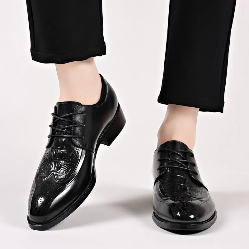 Dress Shoes for Men Lace Up Bike Toe Crocodile Print Solid Color Derby Shoes Low Top Block Heel Slip Resistant Prom