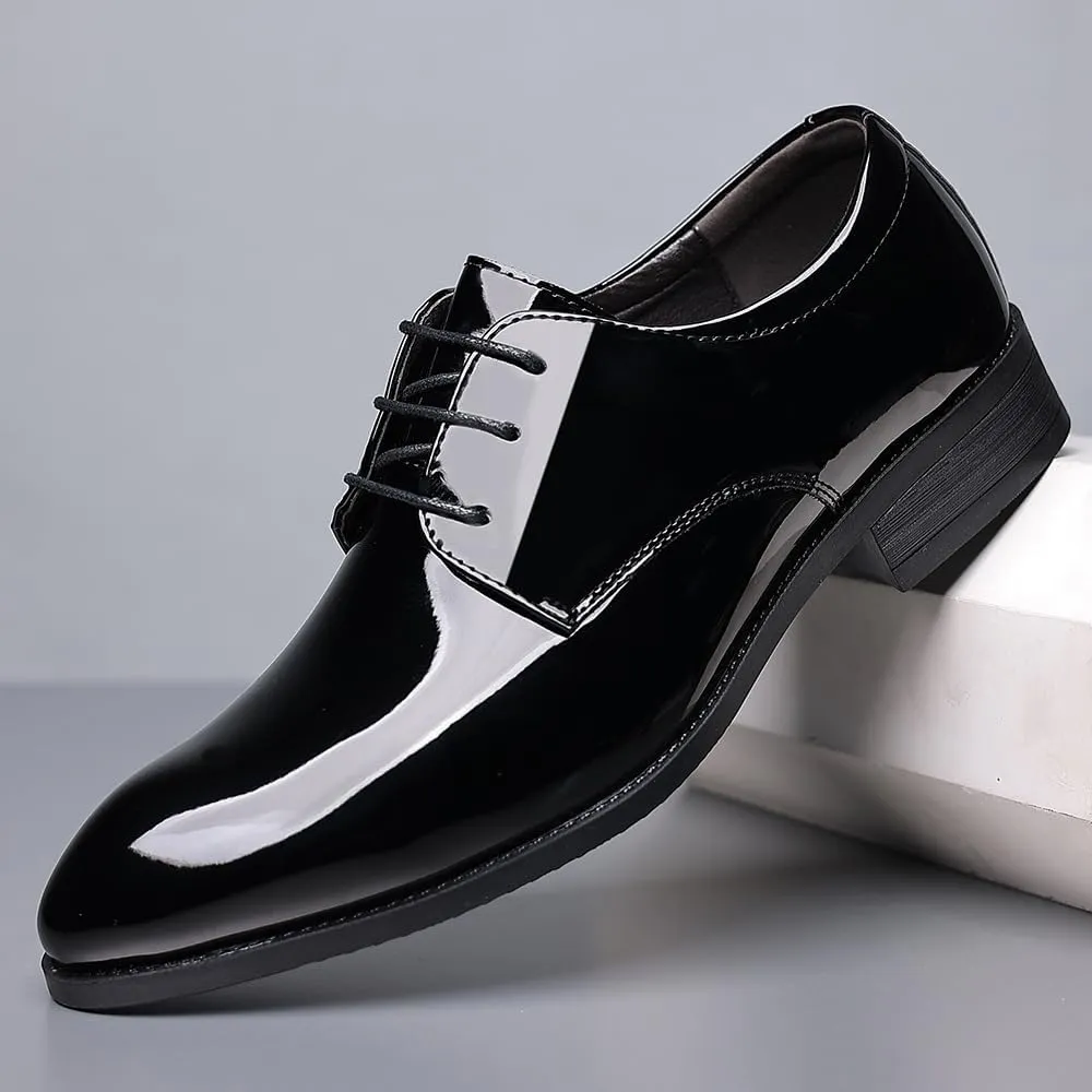 Dress Shoes for Men Lace Up Pointed Toe PU Leather Solid Color Derby Shoes Block Heel Low Top Rubber Sole Slip Resistant Anti-Slip Wedding