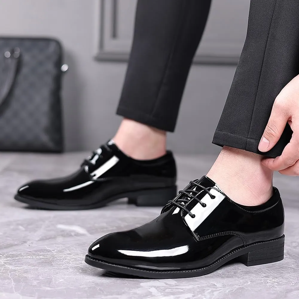 Dress Shoes for Men Lace Up Pointed Toe PU Leather Solid Color Derby Shoes Block Heel Low Top Rubber Sole Slip Resistant Anti-Slip Wedding