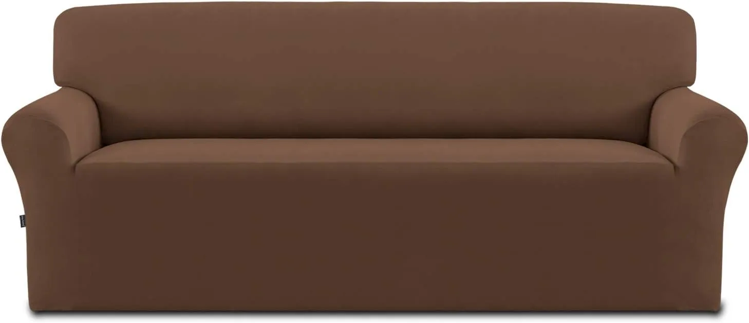 Easy-Going Fleece Stretch Sofa Slipcover Spandex Non-Slip Soft Couch Sofa Cover, Washable Furniture Protector with Anti-Skid Foam and Elastic Bottom for Kids, Pets(Sofa, Brown)