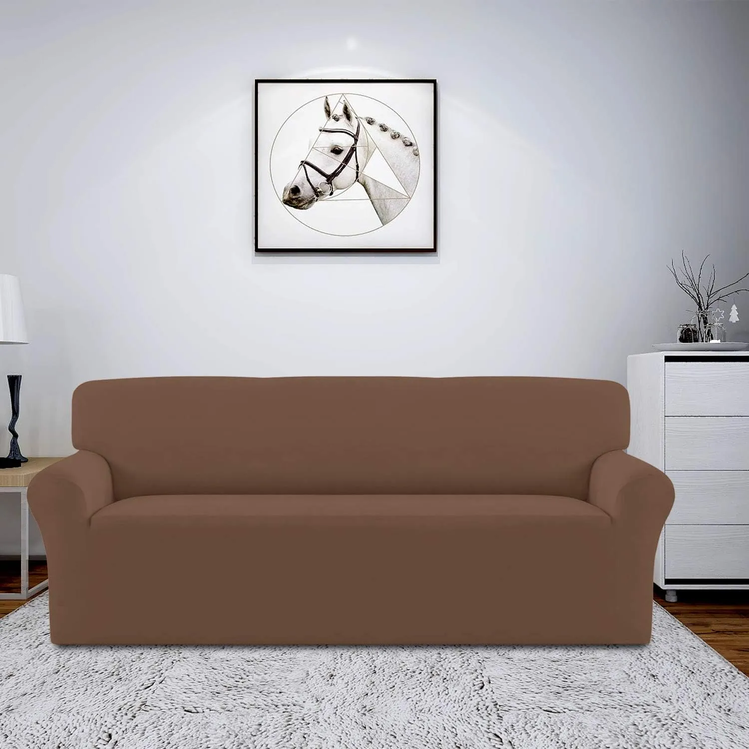 Easy-Going Fleece Stretch Sofa Slipcover Spandex Non-Slip Soft Couch Sofa Cover, Washable Furniture Protector with Anti-Skid Foam and Elastic Bottom for Kids, Pets(Sofa, Brown)