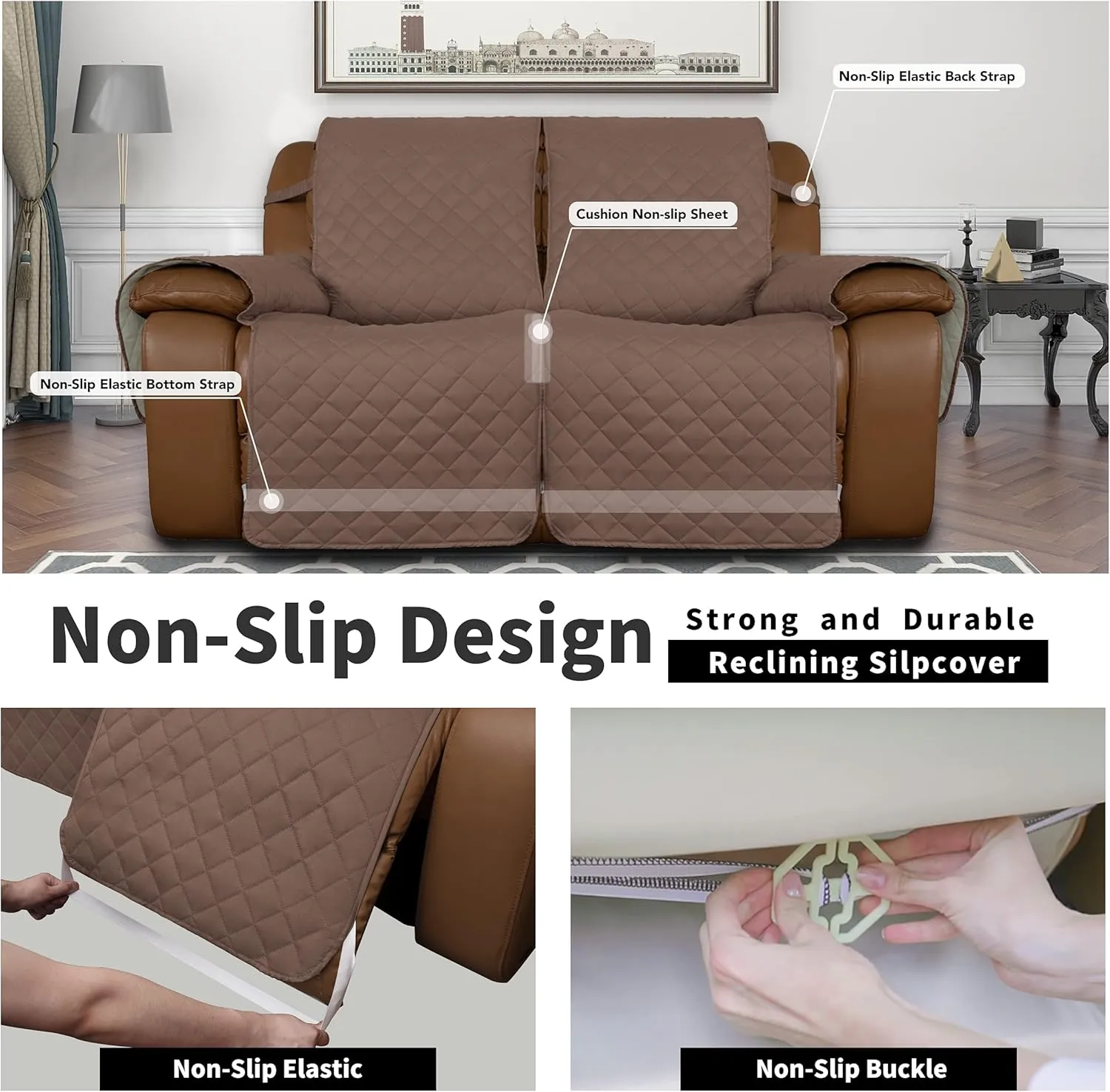 Easy-Going Recliner Sofa Cover, Reversible Couch Cover for Double Recliner, Split Sofa Cover for Each Seat, Furniture Protector with Elastic Straps for Kids, Dogs, Pets (2 Seater, Brown/Beige)