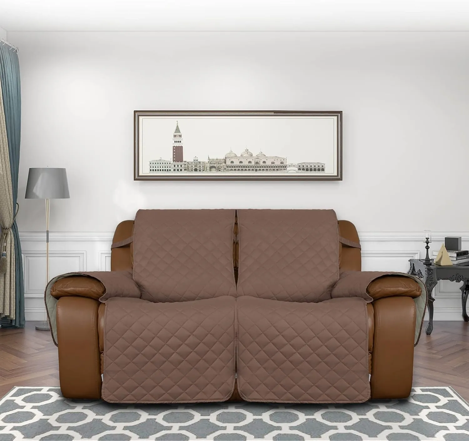 Easy-Going Recliner Sofa Cover, Reversible Couch Cover for Double Recliner, Split Sofa Cover for Each Seat, Furniture Protector with Elastic Straps for Kids, Dogs, Pets (2 Seater, Brown/Beige)