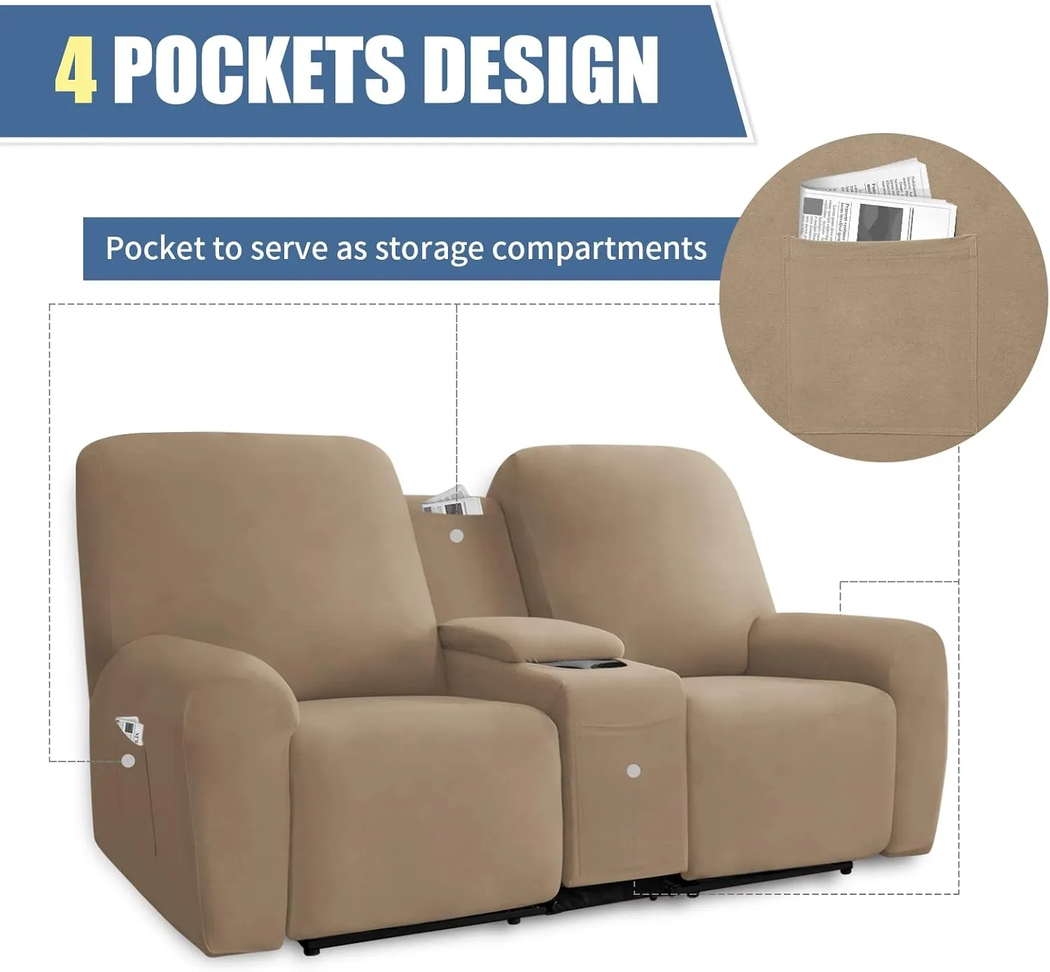 Easy-Going Stretch Recliner Loveseat Cover with Center Console Sofa Slipcover Soft Fitted Fleece 2 Seats Couch with Holder and Storage Washable Furniture Protector Camel